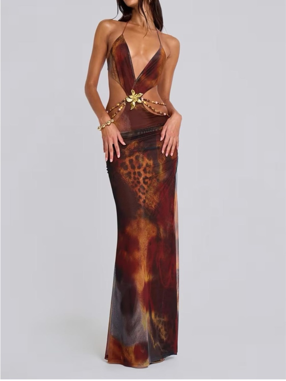 Brown & Gold Animal Print Cutout Maxi Dress